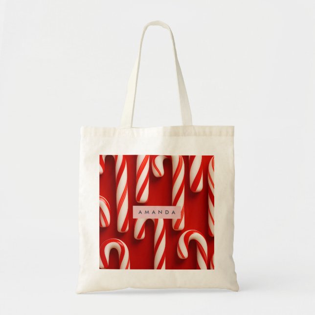 Personalized Classic Red and White Candy Cane Tote Bag (Front)