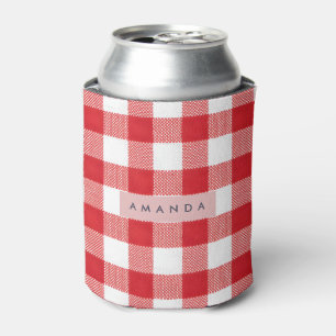 Personalized Classic Red Gingham Plaid Can Cooler