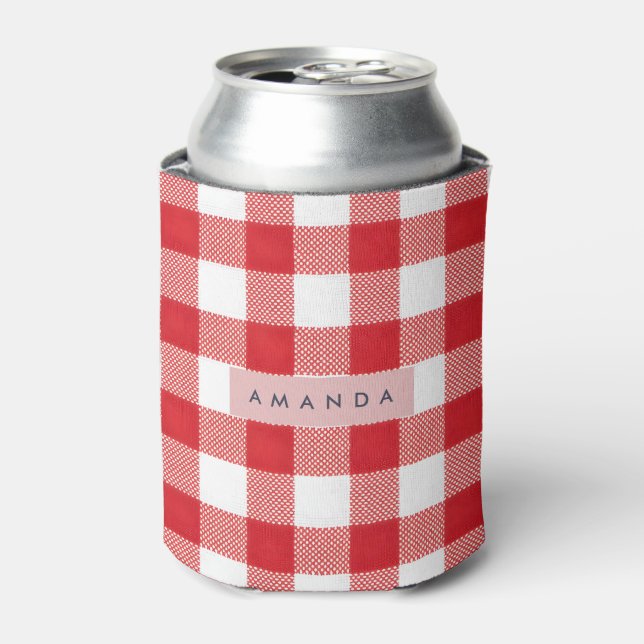 Personalized Classic Red Gingham Plaid Can Cooler (Can Front)