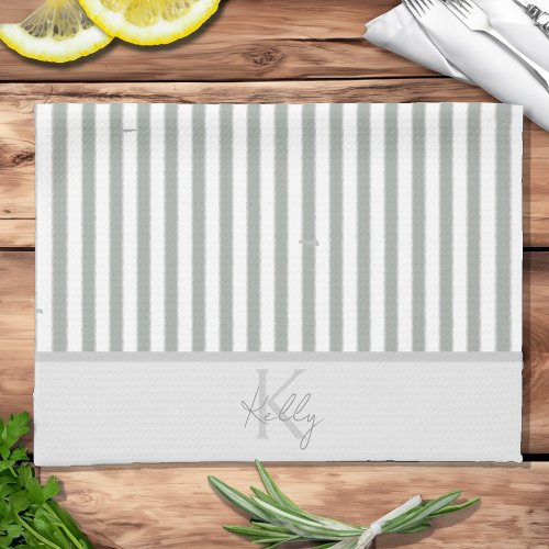 Personalized Classic Sage Striped Kitchen Towels