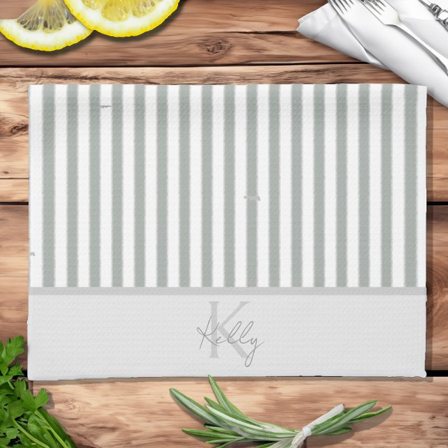 Personalized Classic Sage Striped Kitchen Towels (Personalized Classic Sage Striped Kitchen Towels)
