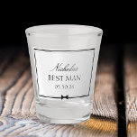 Personalized Classic Simple Bowtie Best Man Shot Glass<br><div class="desc">This sleek and elegant personalized shot glass is the perfect way to celebrate your Best Man! Featuring a classic design with a stylish bowtie icon, customizable name, and wedding date, it’s a sophisticated keepsake for your wedding party. Ideal for the bachelor party, rehearsal dinner, or wedding day, this shot glass...</div>
