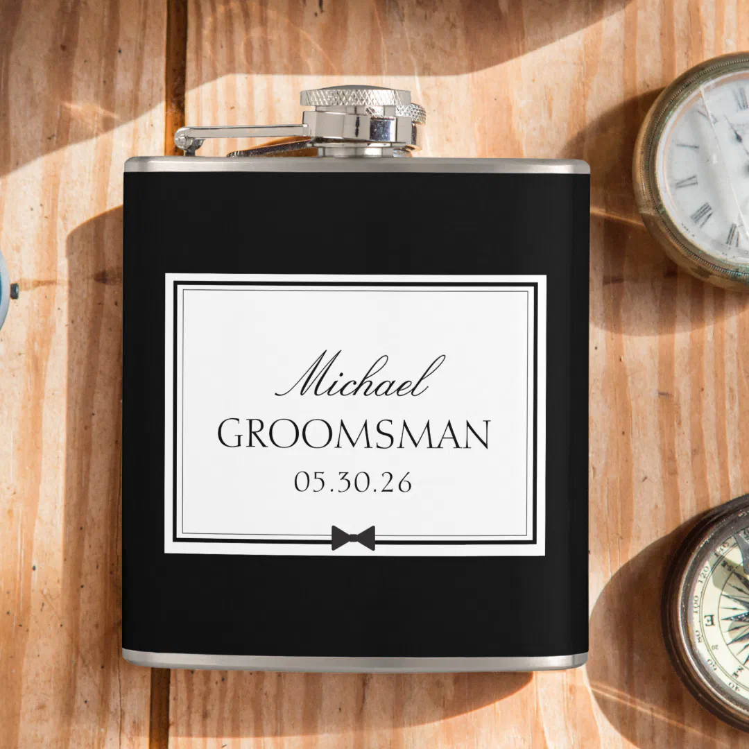 Personalized classic simple bowtie groomsman flask with custom engraving.