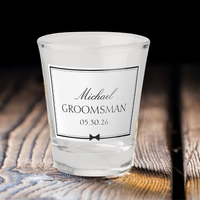 Personalized Classic Simple Bowtie Groomsman Shot Glass (Elevate your celebration with this custom groomsman shot glass – a timeless keepsake for your day.)