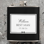 Personalized Classic Simple Bowtie Modern Best Man Flask<br><div class="desc">Toast to the best man in style with this sleek, personalized flask. Featuring a classic black-and-white design, this flask can be customized with his name, role, and the wedding date, making it a unique and thoughtful gift. This flask is perfect for pre-wedding celebrations or as a lasting keepsake, adding a...</div>