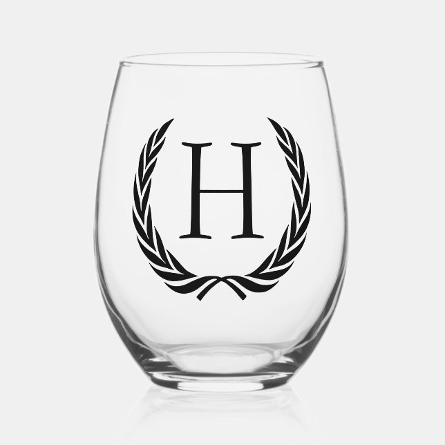 Personalized Classic Vintage Chic Monogram Stemless Wine Glass (Front)