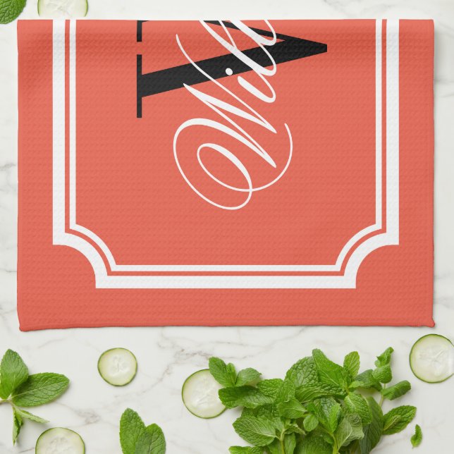 Personalized classy monogram orange kitchen towel (Folded)