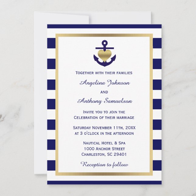 Personalized Classy Nautical Gold Navy Wedding Invitation (Front)