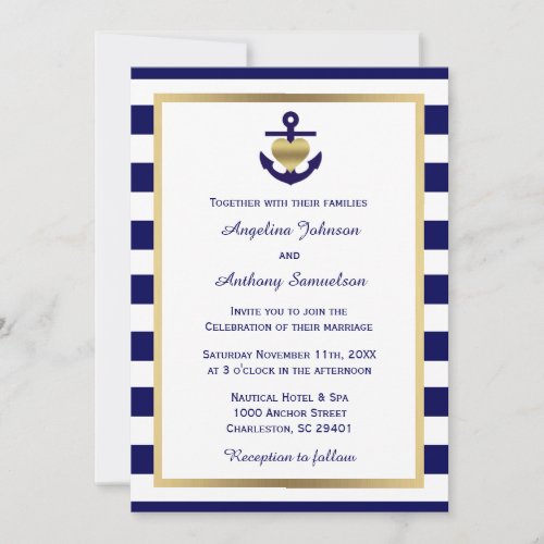 Personalized Classy Nautical Gold Navy Wedding Invitation