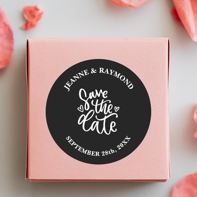 Personalized Clean Black Wedding Save the date Classic Round Sticker (Clean black save the date sticker adds timeless personalized charm to wedding mailings.)