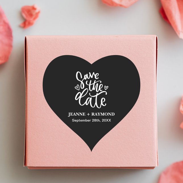 Personalized Clean Black Wedding Save the date Heart Sticker (Creator Uploaded)