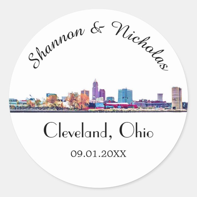 Personalized Cleveland Skyline Wedding  Classic Round Sticker (Front)