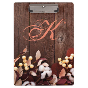 Personalized Clip Board Cotton Branch on Dark Wood