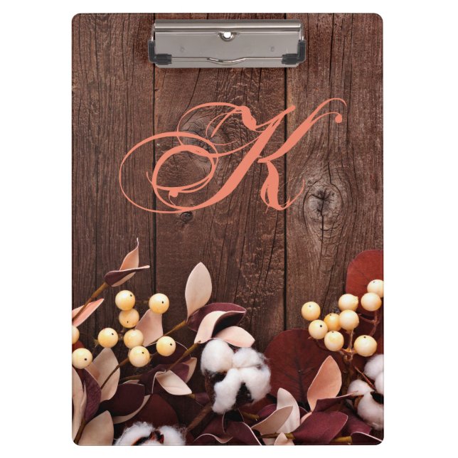 Personalized Clip Board Cotton Branch on Dark Wood (Front)