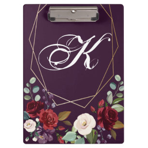 Personalized Clip Board Plum Purple Roses Gold Geo