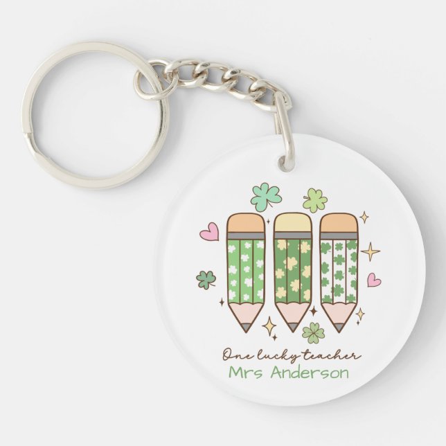 Personalized Clover One Lucky Teacher Pencil  Keychain (Front)