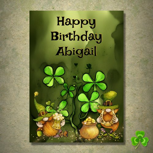 Personalized Clovers n Leprechaun Gnomes Birthday Card