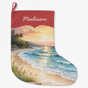 Personalized Coastal Beach and Sand Blue Ocean Large Christmas Stocking