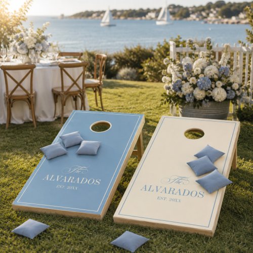 Personalized Coastal Blue Wedding Family Name Cornhole Set