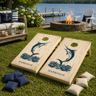 Personalized Coastal Marlin Family Name Beach Fish Cornhole Set