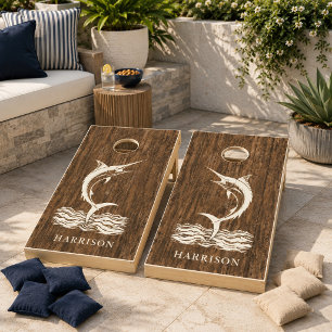 Personalized Coastal Marlin Family Name Beach Fish Cornhole Set