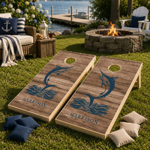 Personalized Coastal Marlin Family Name Beach Fish Cornhole Set