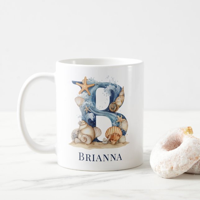Personalized Coastal Monogram B Initial Beach Coffee Mug (With Donut)