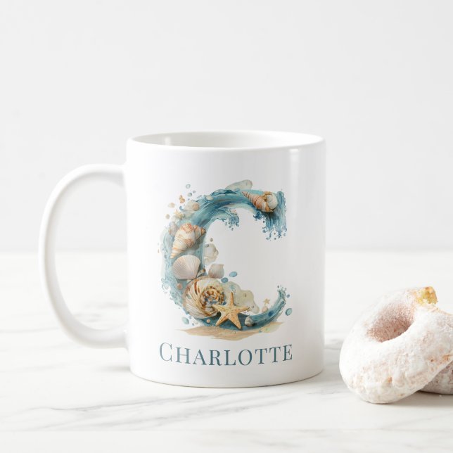 Personalized Coastal Monogram C Initial Beach Coffee Mug (With Donut)