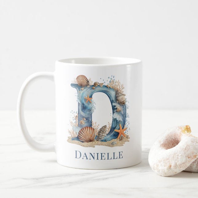 Personalized Coastal Monogram D Initial Beach Coffee Mug (With Donut)