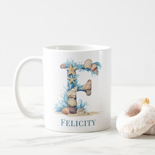Personalized Coastal Monogram F Initial Beach Coffee Mug (With Donut)