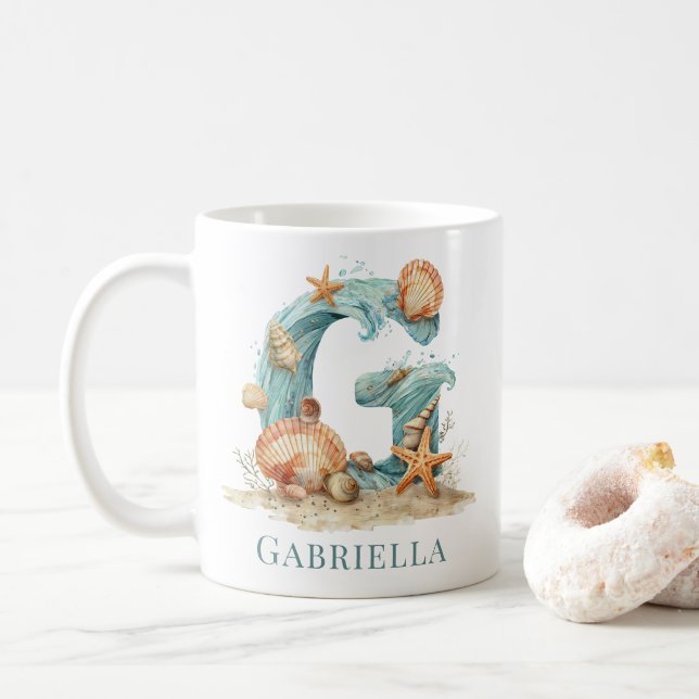 Personalized Coastal Monogram G Initial Beach Coffee Mug (With Donut)