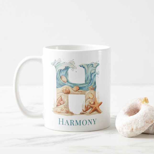 Personalized Coastal Monogram H Initial Beach Coffee Mug (With Donut)