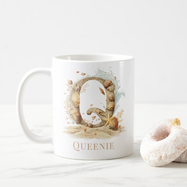 Personalized Coastal Monogram Q Initial Beach Coffee Mug (With Donut)