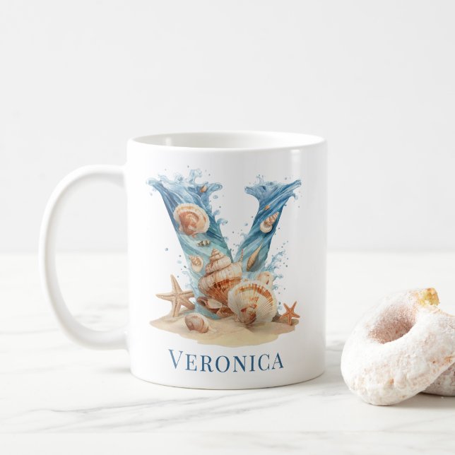 Personalized Coastal Monogram V Initial Beach Coffee Mug (With Donut)
