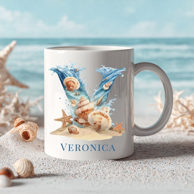 Personalized Coastal Monogram V Initial Beach Coffee Mug (Personalized Coastal Monogram V Initial Beach Coffee Mug)