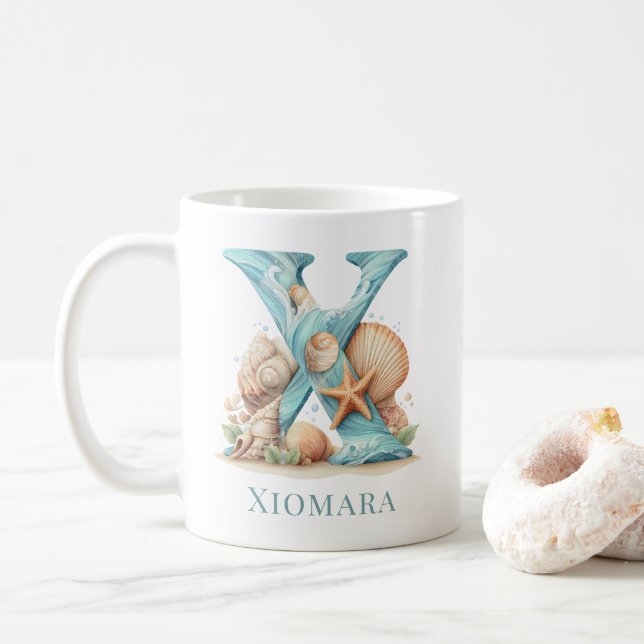 Personalized Coastal Monogram X Initial Beach Coffee Mug (With Donut)