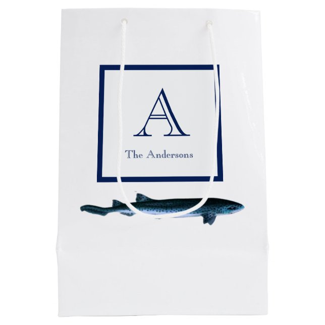 Personalized Coastal Navy Blue White Shark Medium Gift Bag (Back)