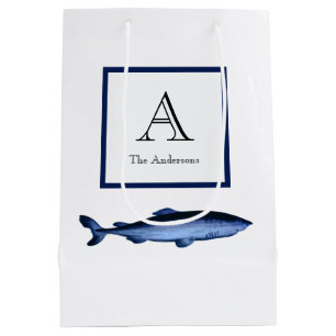 Personalized Coastal Navy Blue White Shark Medium Gift Bag