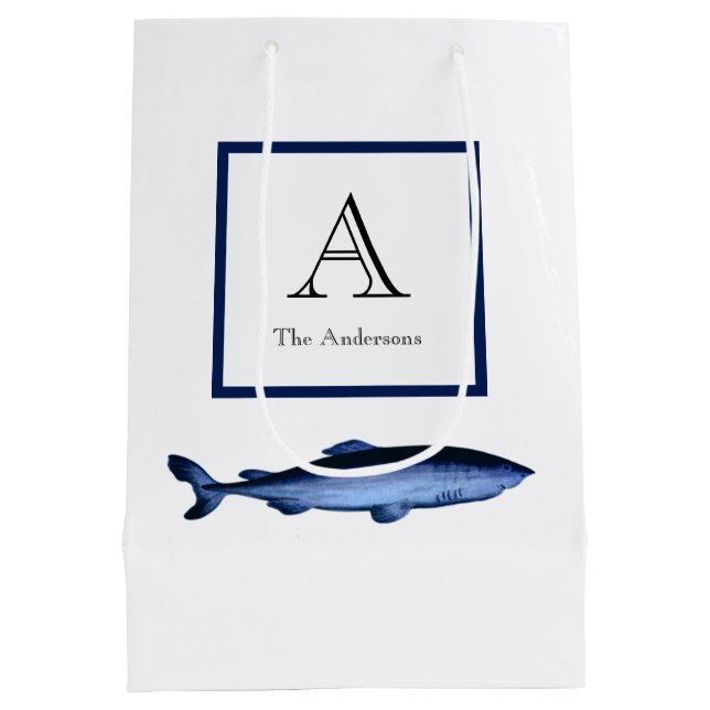 Personalized Coastal Navy Blue White Shark Medium Gift Bag (Back)