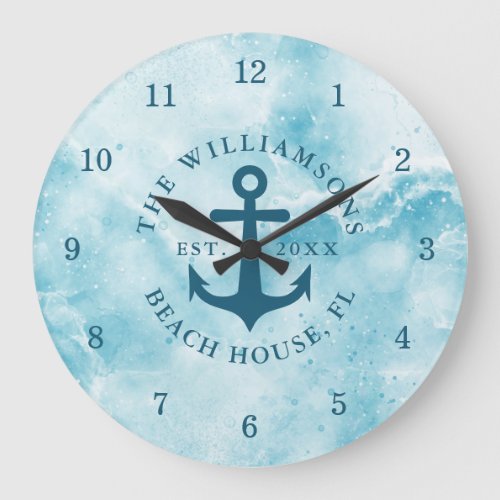 Personalized Coastal Teal Blue Aqua Beach House Large Clock