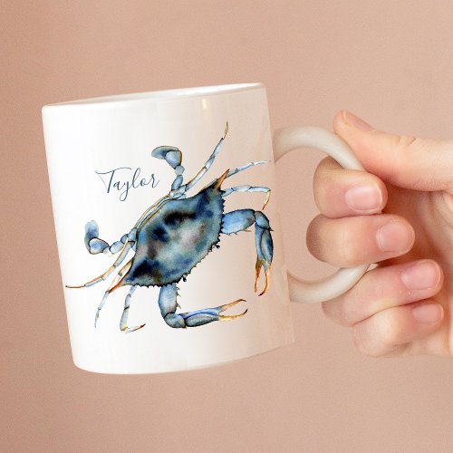 Personalized Coastal Watercolor Blue Crab Coffee Mug