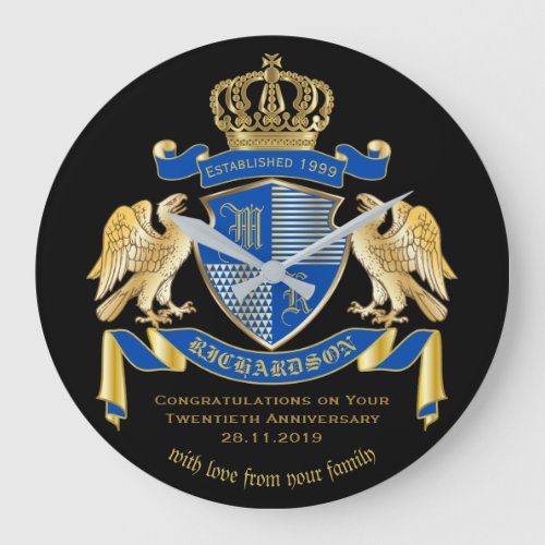 Personalized Coat of Arms Blue Gold Eagle Emblem Large Clock