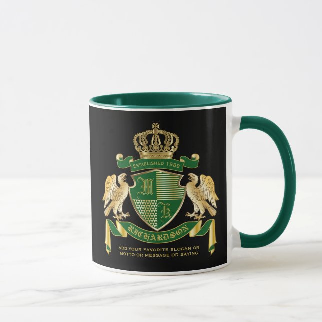 Personalized Coat of Arms Green Gold Eagle Emblem Mug (Right)