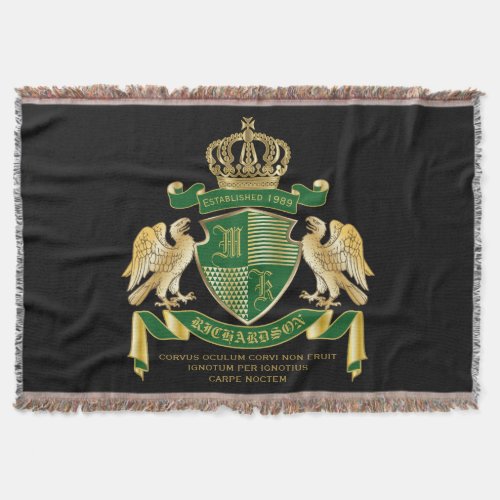 Personalized Coat of Arms Green Gold Eagle Emblem Throw Blanket