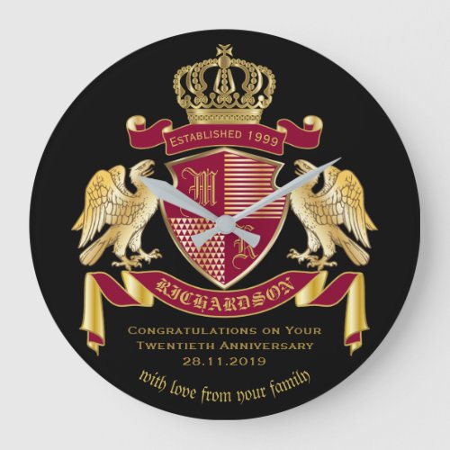 Personalized Coat of Arms Red Gold Eagle Emblem Large Clock