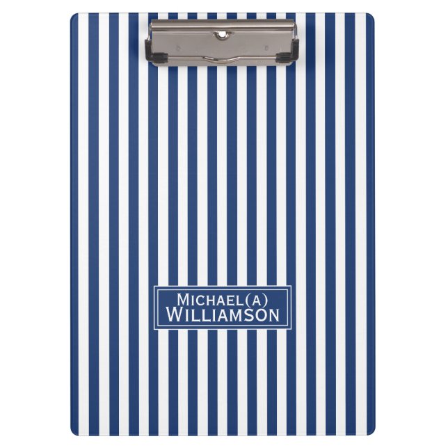 Personalized Cobalt Blue & White Striped Elegant Clipboard (Front)