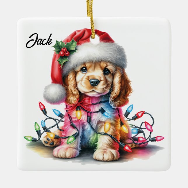 Personalized Cocker Spaniel Santa Christmas Ceramic Ornament (Front)