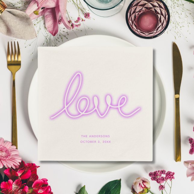 Personalized Cocktail Napkins Neon Love Purple (Personalized Cocktail Napkins Neon Love Purple Napkins Wedding)