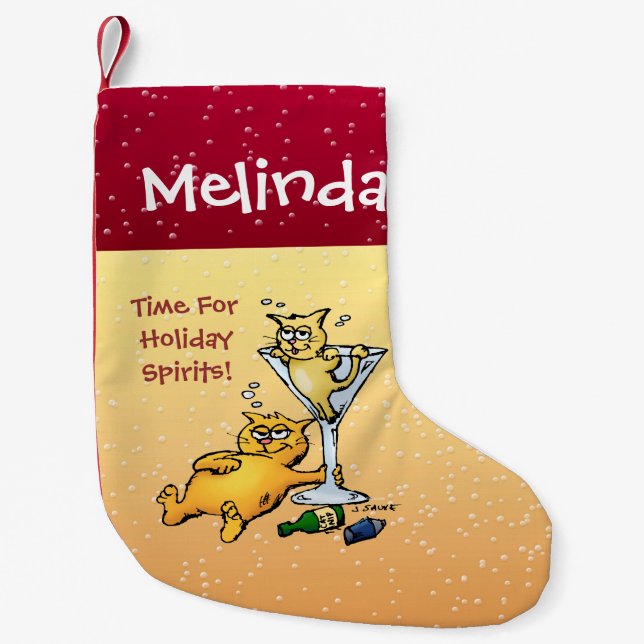 Personalized Cocktails and Kittens Holiday Spirits Small Christmas Stocking (Front)