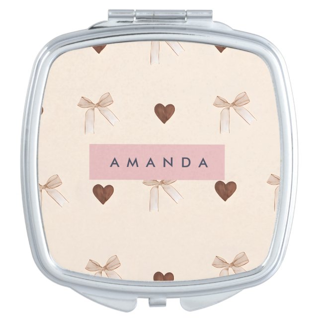 Personalized Cocoa Heart & Sheer Bow  Compact Mirror (Front)